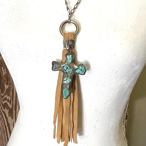 NEW Jamie Dietrich Silver Turquoise Cross Tan Tassel Stainless Steel Necklace - Picture 3 of 14